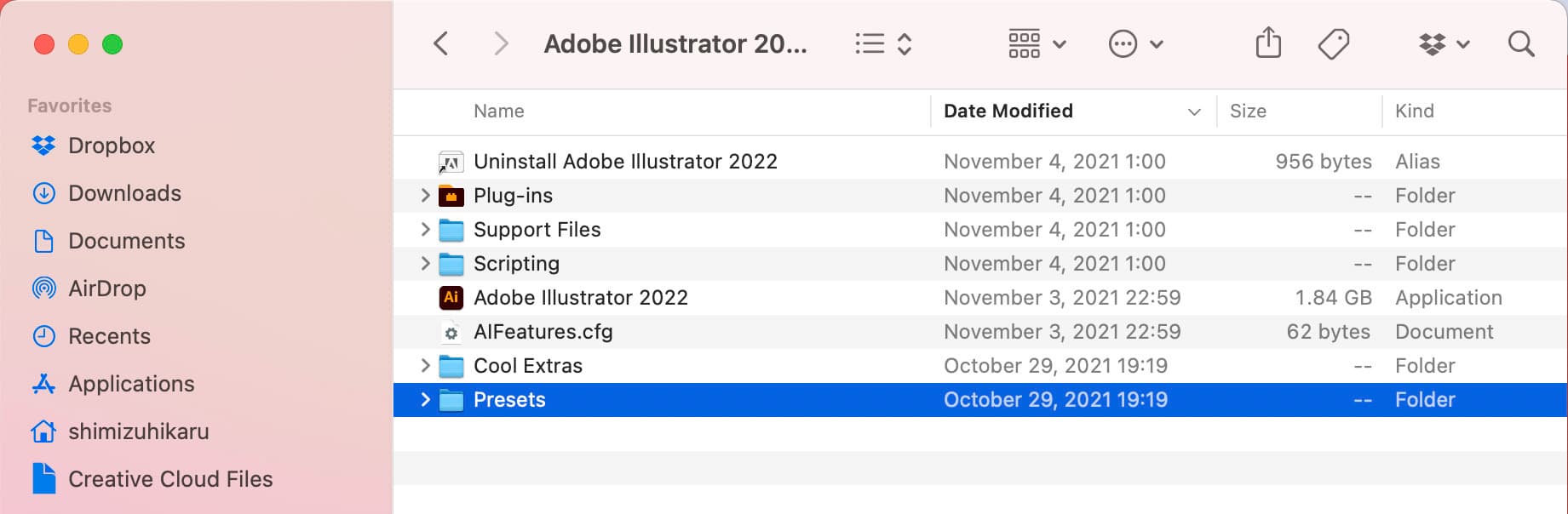 Open the Presets folder.